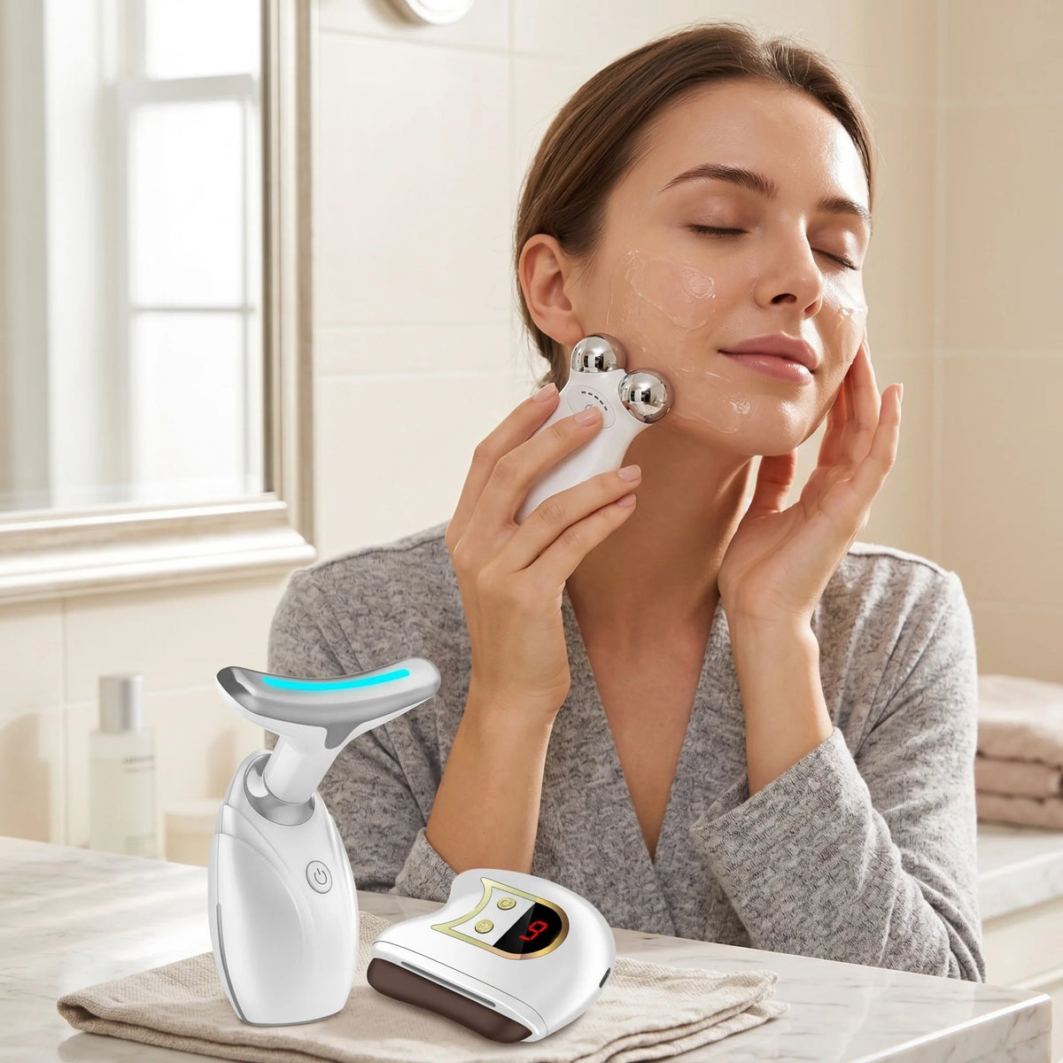 Lift, Sculpt & Glow Toolkit -Set of 3- LED Therapy, Electric Gua Sha & Microcurrent Toning Device for Radiant Skin