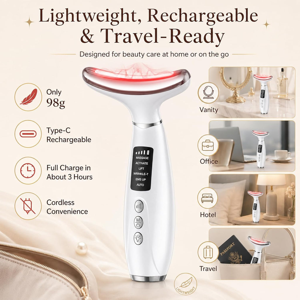 Red Light Therapy for Face and Neck, 7-Color LED Face Massager with EMS, Heat & Vibration, 6 Modes & 4 Intensities, Rechargeable Face Sculpting Tool for At-Home Skincare