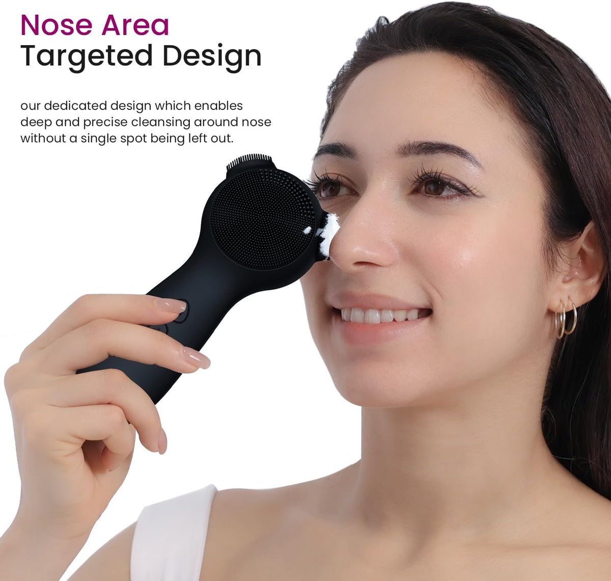 Nose-targeted brush heads in use around the nose