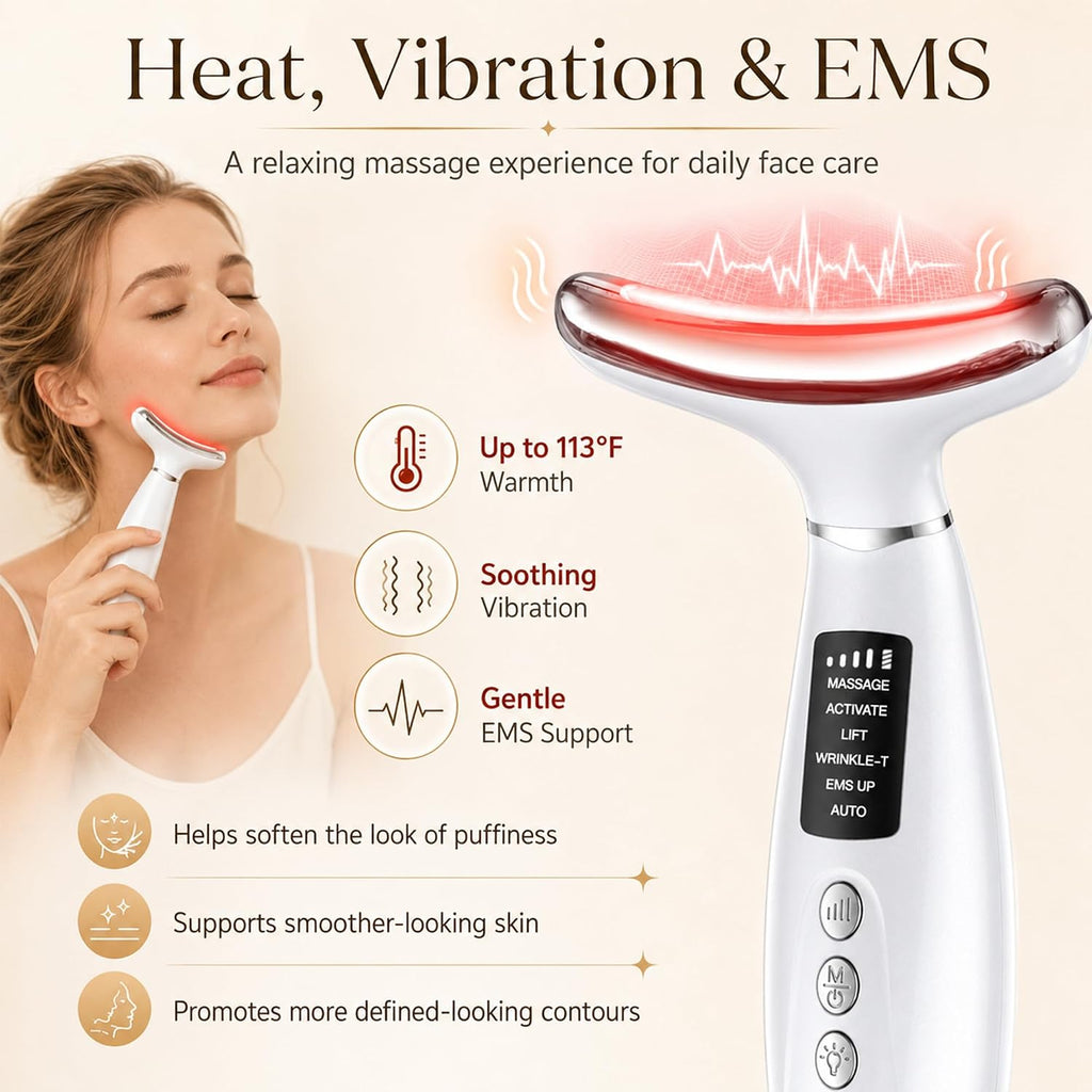 Red Light Therapy for Face and Neck, 7-Color LED Face Massager with EMS, Heat & Vibration, 6 Modes & 4 Intensities, Rechargeable Face Sculpting Tool for At-Home Skincare