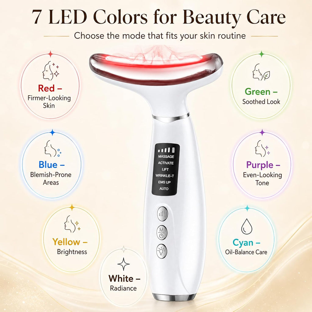 Red Light Therapy for Face and Neck, 7-Color LED Face Massager with EMS, Heat & Vibration, 6 Modes & 4 Intensities, Rechargeable Face Sculpting Tool for At-Home Skincare